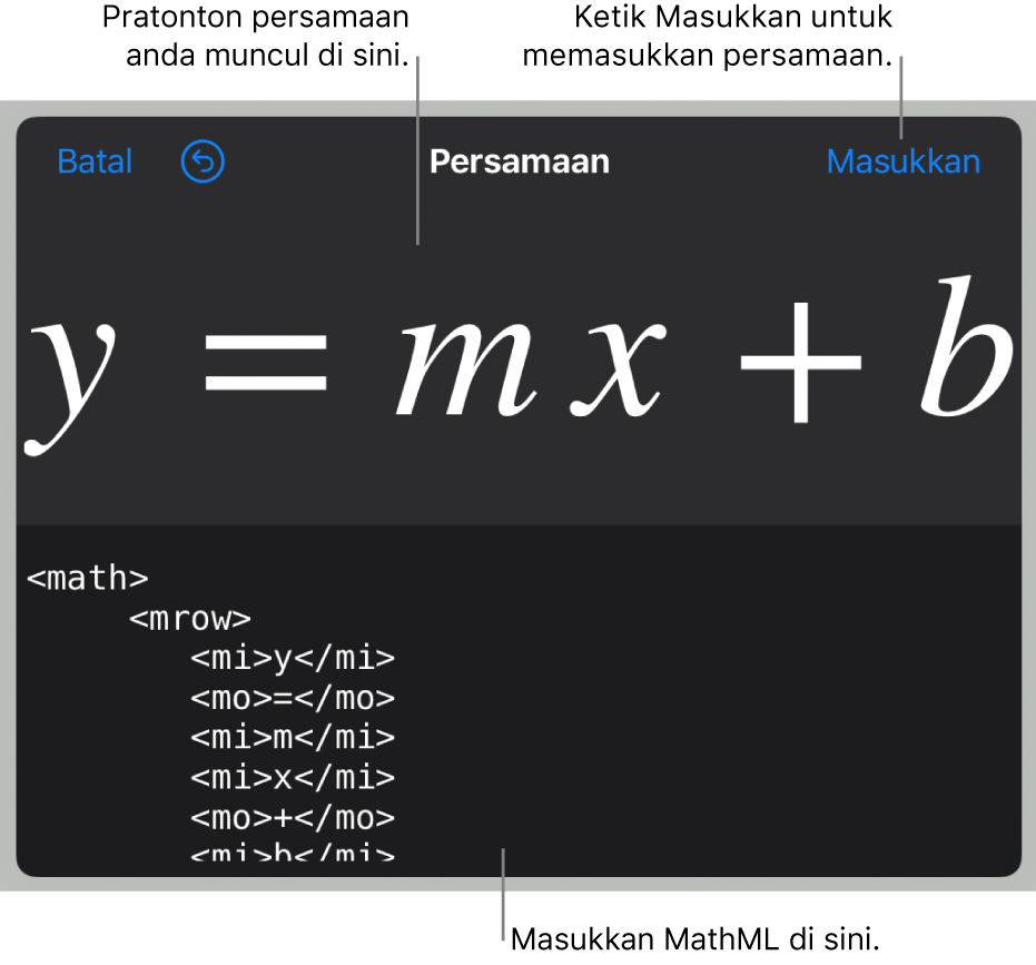 Kod MathML untuk cerun garis persamaan dan pratonton formula di bawah.