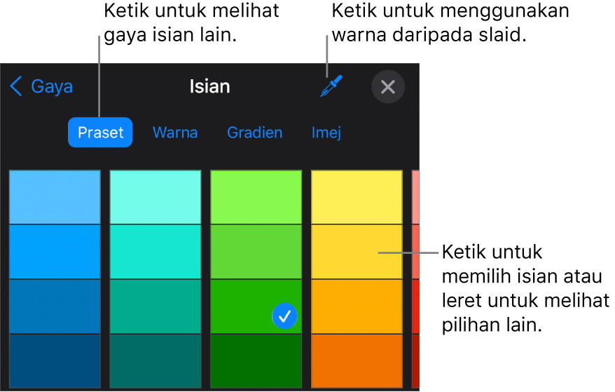 Pilihan Isian dalam tab Gaya.