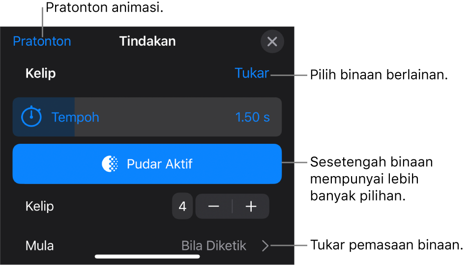 Pilihan binaan menyertakan Tempoh dan Masa mula. Ketik Tukar untuk memilih binaan yang berbeza, atau ketik Pratonton untuk pratonton binaan.