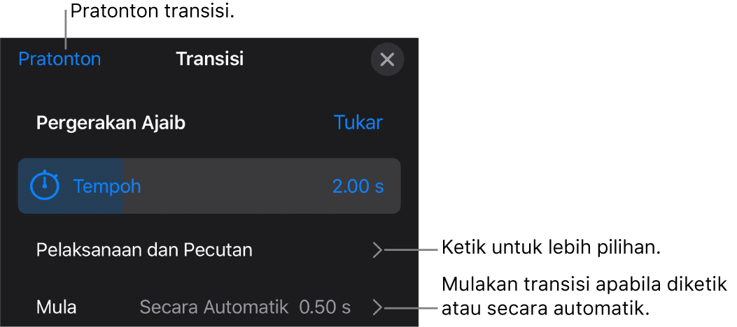 Kawalan Magic Move dalam anak tetingkap Transisi.