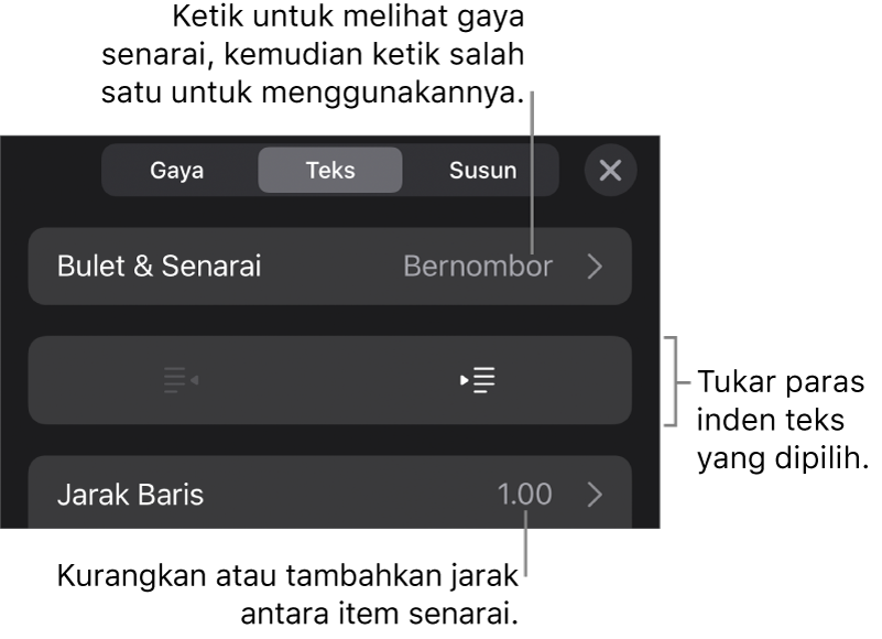 Bahagian Bulet & Senarai daripada kawalan Format dengan petak bual ke Bulet & Senarai, butang outden dan inden serta kawalan jarak baris.
