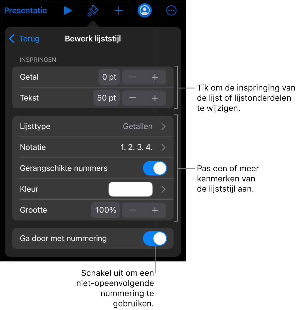 Het menu 'Bewerk lijststijl' met regelaars voor de ruimte van de inspringing, het lijsttype en de notatie, gerangschikte nummers, de kleur en grootte van de lijst, en doornummering.