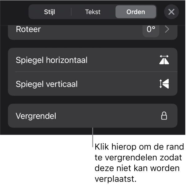 De ordenfuncties in het opmaakmenu met uitleg bij de knop 'Vergrendel'.