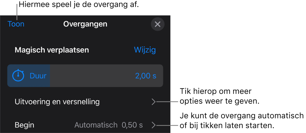 Regelaars voor 'Magisch verplaatsen' in het paneel 'Overgangen'.