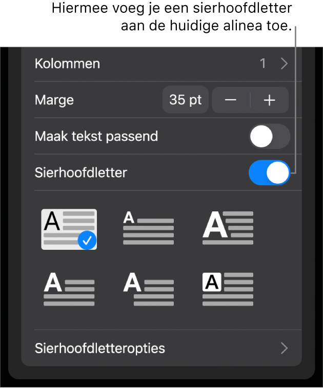 De regelaars voor sierhoofdletters onder in het menu 'Tekst'.