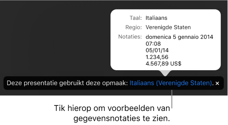 De melding van de afwijkende taal en regio, met voorbeelden van de opmaak in die taal en voor die regio.