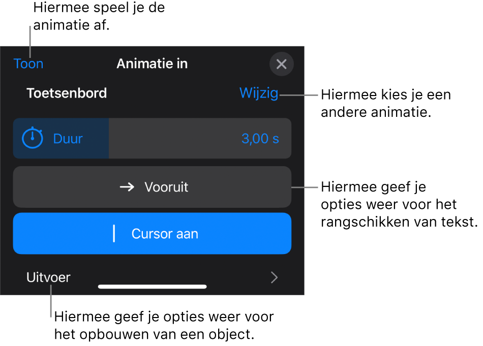 Je kunt opties instellen als 'Duur', 'Tekstanimatie' en 'Uitvoer'. Tik op 'Wijzig' om een andere animatie te kiezen. Tik op 'Toon' voor een voorvertoning van de animatie.