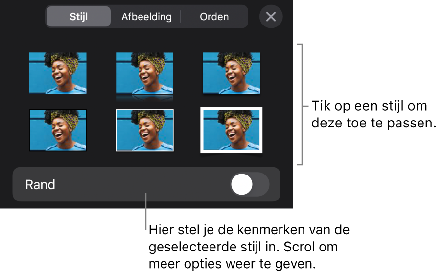 Het tabblad 'Stijl' in het opmaakmenu met bovenaan objectstijlen en eronder een regelaar voor het wijzigen van de rand.