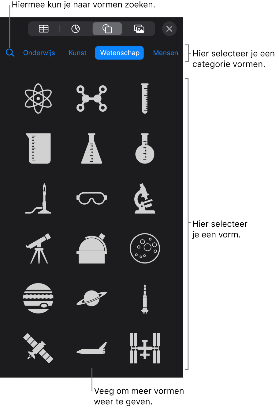 De vormenbibliotheek met bovenaan categorieën en onderaan vormen. Je kunt het zoekveld bovenaan gebruiken om vormen te zoeken. Veeg om meer opties weer te geven.