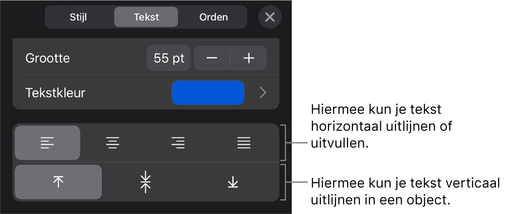 Het gedeelte 'Uitlijning' van de opmaakknop met uitleg bij tekstuitlijnknoppen.