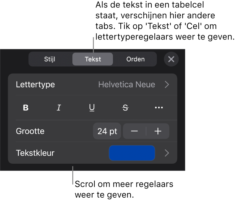 Tekstregelaars in het opmaakmenu voor het instellen van alinea- en tekenstijl, lettertype, lettergrootte en kleur.