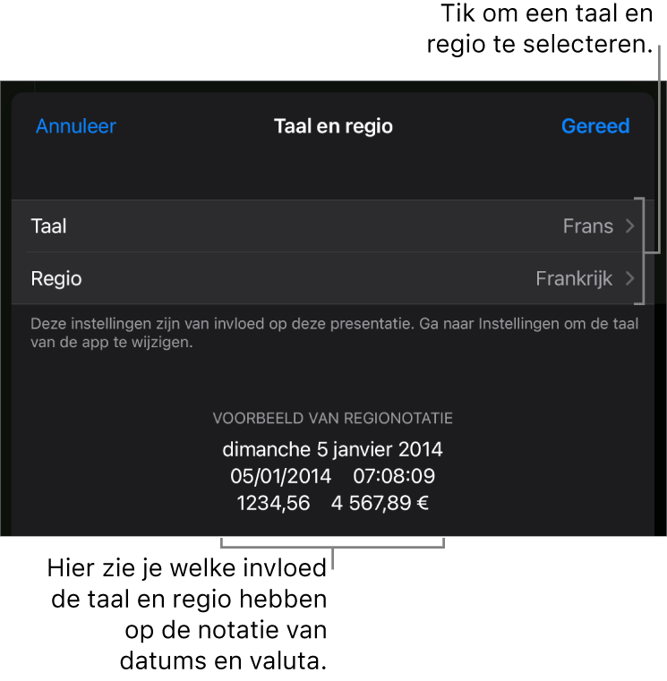 Paneel met regelaars voor de taal en regio en een voorbeeld van de notatie van datum, tijd, decimaalteken en valuta.