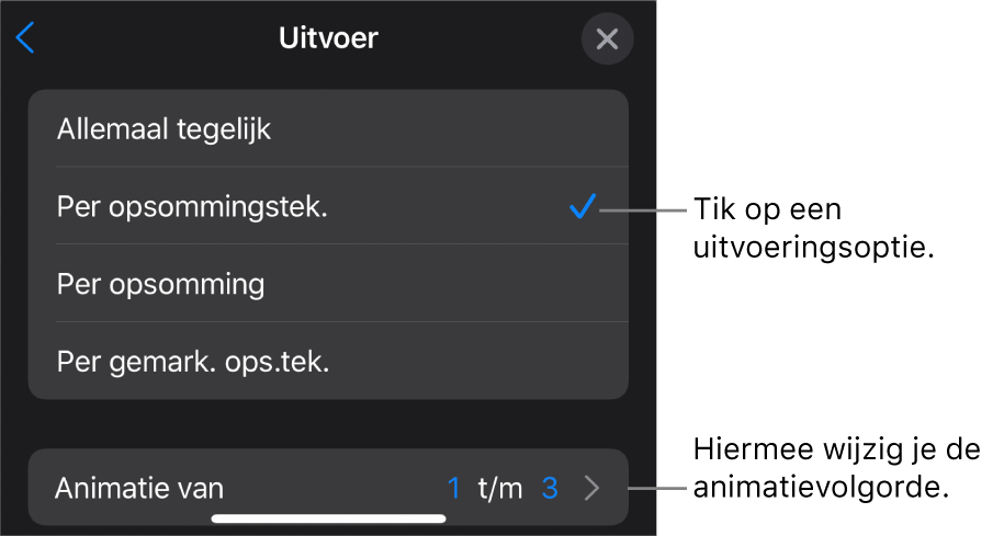 Uitvoeringsopties in het paneel 'Animatie in'.