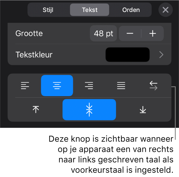Tekstregelaars in het opmaakmenu met uitleg bij de knop voor rechts naar links.