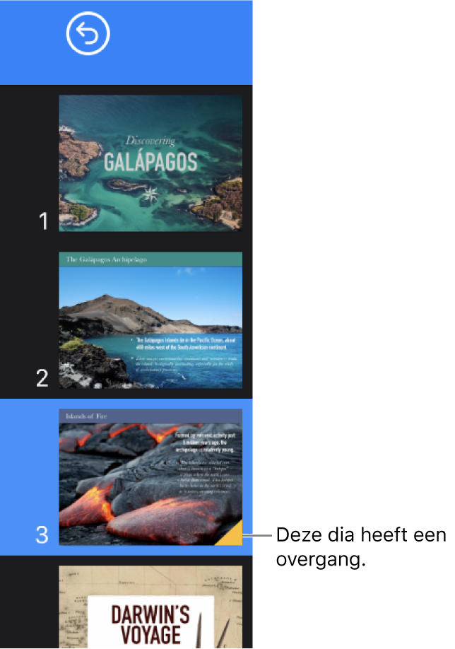 Een geel driehoekje op een dia betekent dat de dia een overgang heeft.