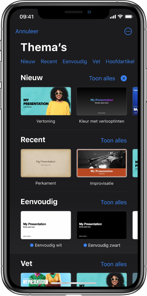 De themakiezer met bovenin een rij met categorieën waarmee je de beschikbare thema's kunt filteren. Rechtsboven staat de knop 'Meer'. Daarmee kun je 'Standaard' of 'Breed' als formaat instellen en kun je de opmaak op een specifieke taal of regio instellen. Daaronder staan miniaturen van vooraf gedefinieerde thema's die per categorie zijn gerangschikt. Boven elke categorie staat de knop 'Toon alles' (aan de rechterkant).