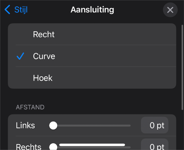 De aansluitingsregelaars waarbij 'Curve' is geselecteerd.