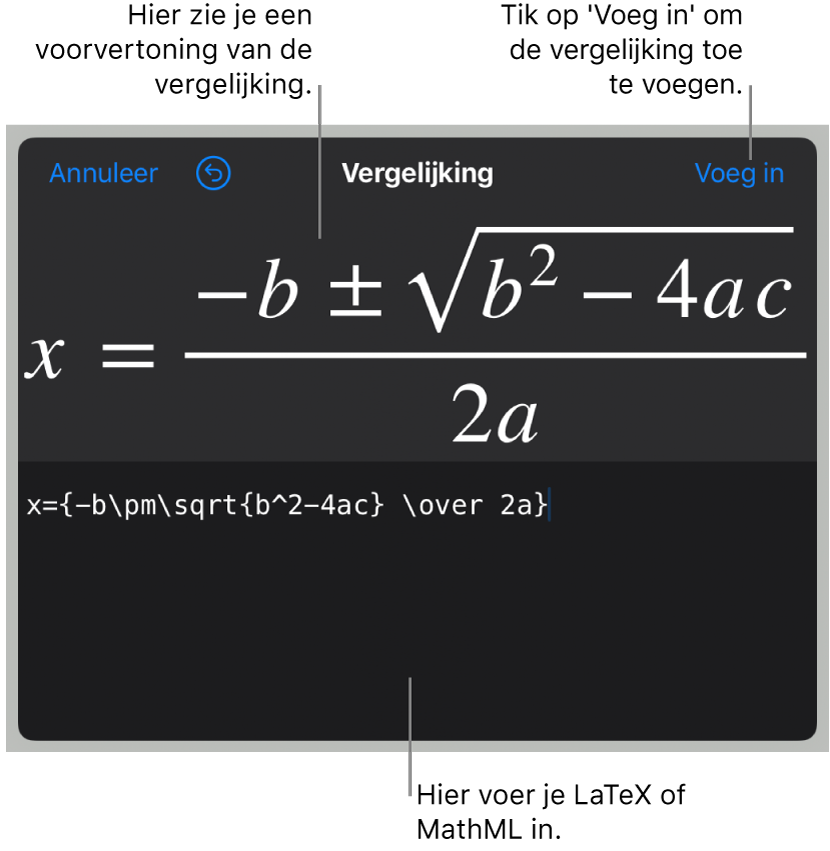 In het veld 'Vergelijking' staat een LaTeX-wortelformule, met daaronder een voorvertoning van de formule.