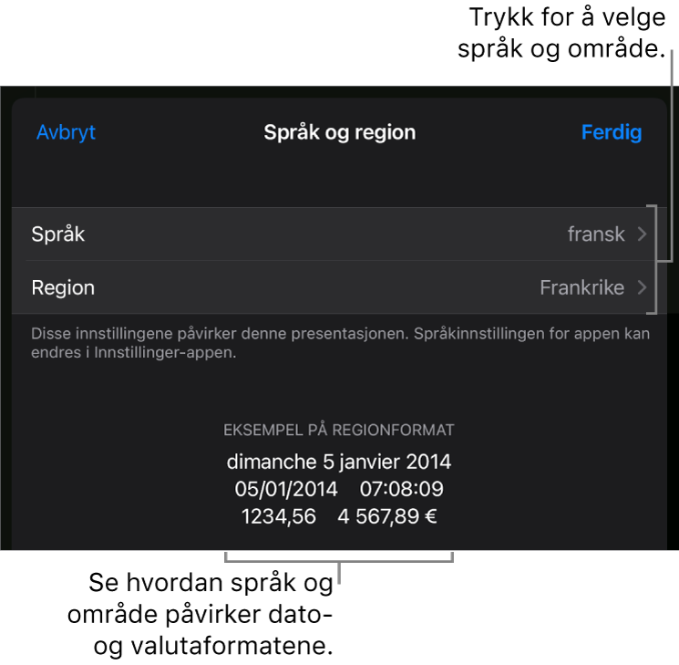 Språk og område-panelet med kontroller for språk og område, og et formateksempel med dato, klokkeslett, desimaler og valuta.