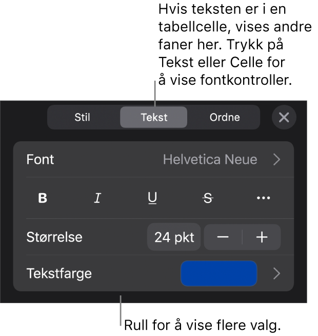 Tekstkontroller i Format-menyen for å angi avsnitts- og tegnstiler, font, størrelse og farge.