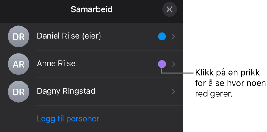 Deltakerlisten med tre deltakere og prikker med ulike farger til høyre for hvert navn.