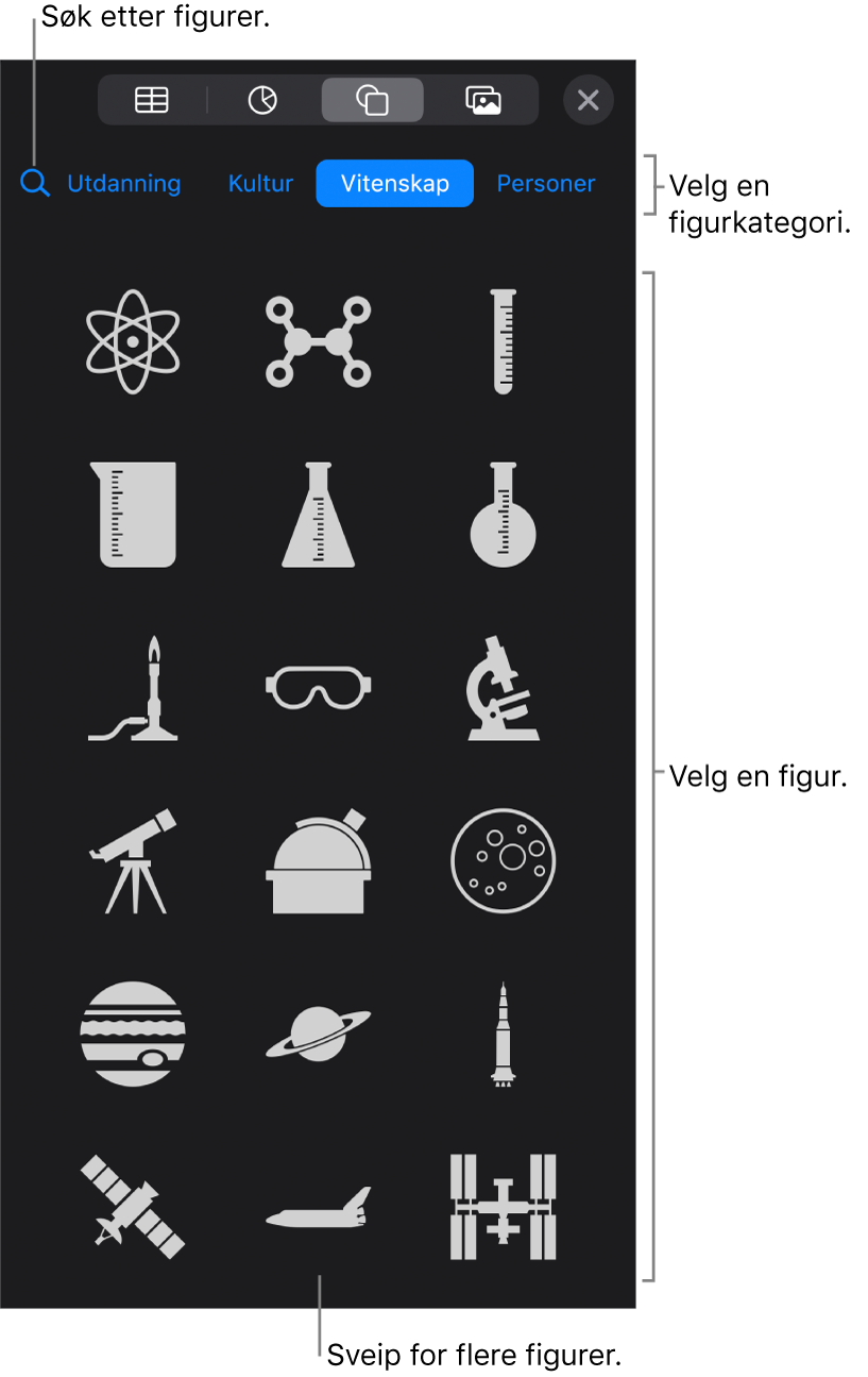 Figurbiblioteket, som viser kategorier øverst og figurer nedenfor. Du kan bruke søkefeltet øverst til å finne figurer, og du kan sveipe for å se flere.