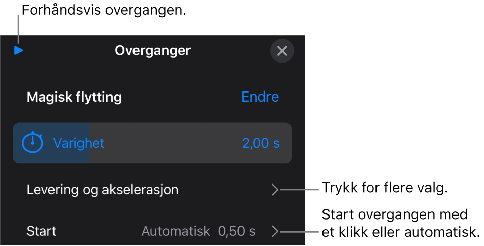 Magisk flytting-kontroller i Overganger-panelet.