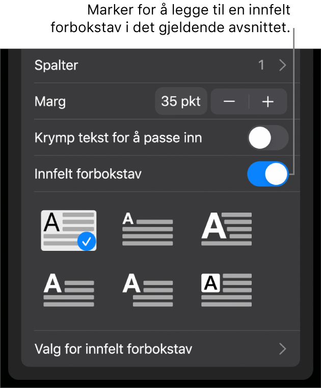 Innfelt forbokstav-kontrollene nederst i Tekst-menyen.