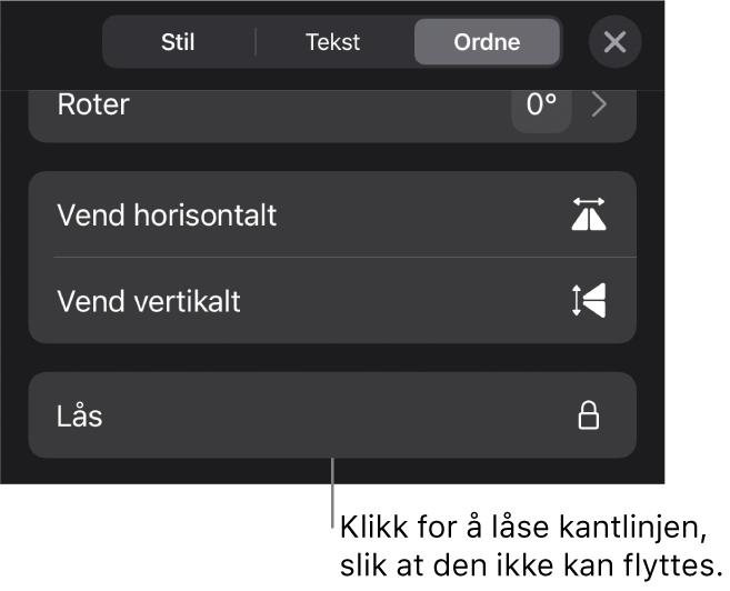 Ordne-kontrollene i Format-menyen med Lås-knappen framhevet.