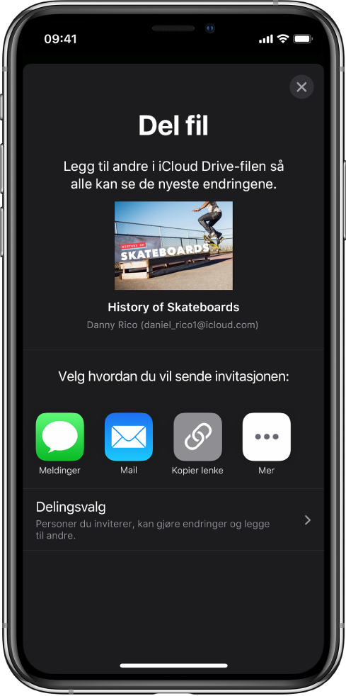 Legg til personer-skjermen som viser et bilde av presentasjonen som skal deles. Nedenfor er knapper for ulike måter å sende invitasjonen på, blant annet Meldinger og Mail, Kopier lenke og Mer. Delingsvalg-knappen er nederst.