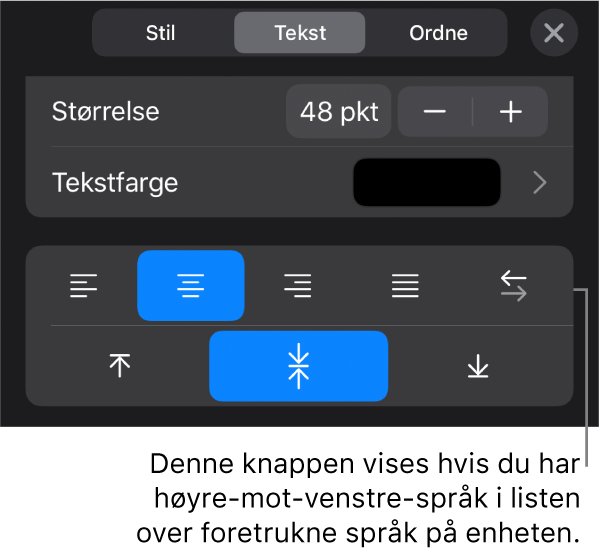 Tekstkontroller i Format-menyen med en bildeforklaring for Høyre til venstre-knappen.