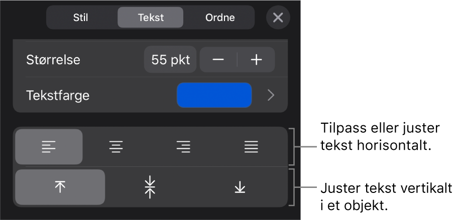 Justering-delen for Format-knappen, med bildeforklaringer for tekstjusteringsknappene.
