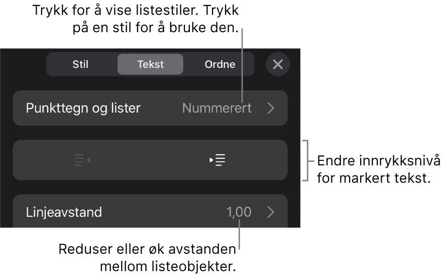Punkttegn og lister-delen i Format-kontroller med bildeforklaringer for Punkttegn og lister, utrykk- og innrykk-knapper og linjeavstandskontroller.
