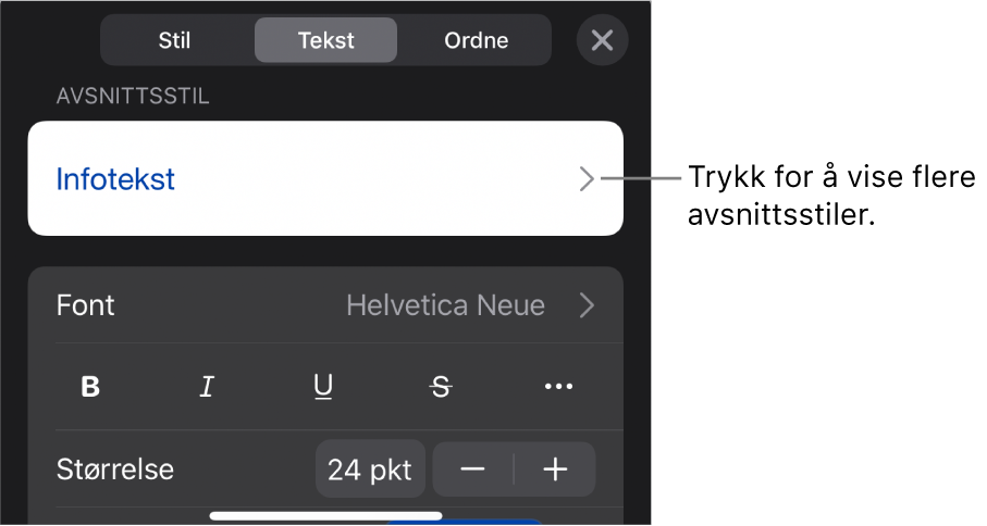Format-menyen som viser tekstkontroller for å angi avsnitts- og tegnstiler, font, størrelse og farge.