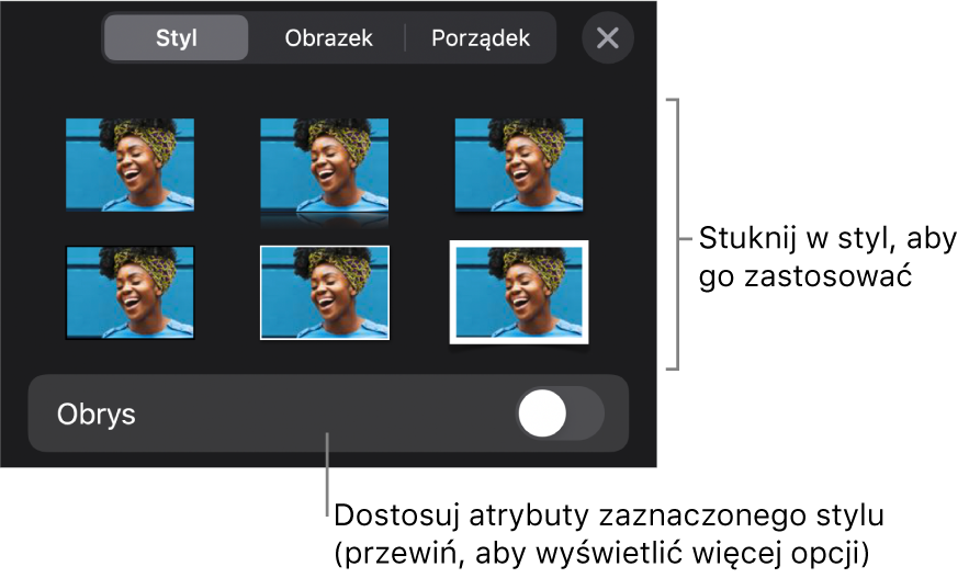 Karta Styl w menu Format, zawierająca na górze style obiektu, a poniżej narzędzie do zmiany obrysu.