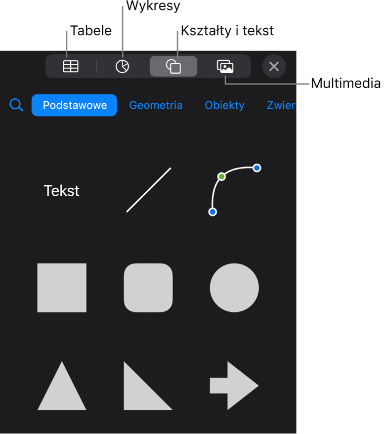 Narzędzia do dodawania obiektu, na górze widoczne są przyciski pozwalające wybrać tabele, wykresy, kształty (w tym linie i pola tekstowe) oraz multimedia.