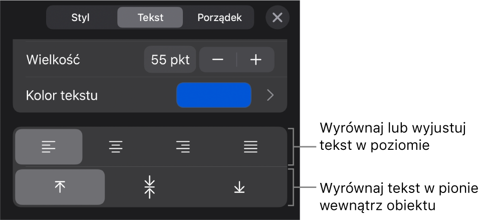 Sekcja Wyrównanie na pasku bocznym Format z opisami wskazującymi przyciski wyrównywania tekstu.