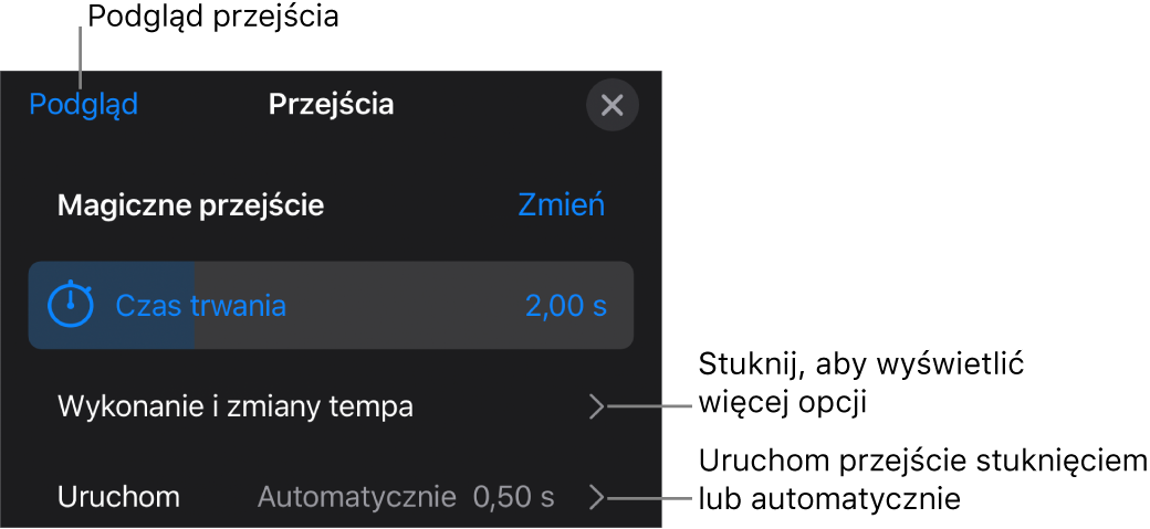Narzędzia przejścia Magiczne przejście w panelu Przejścia.