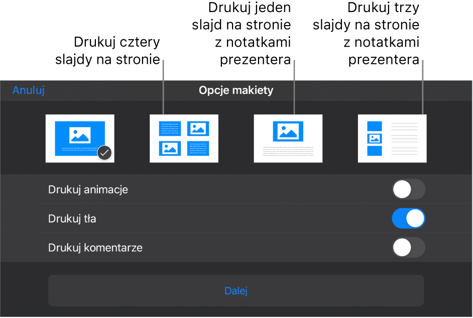 Opcje makiety wydruku