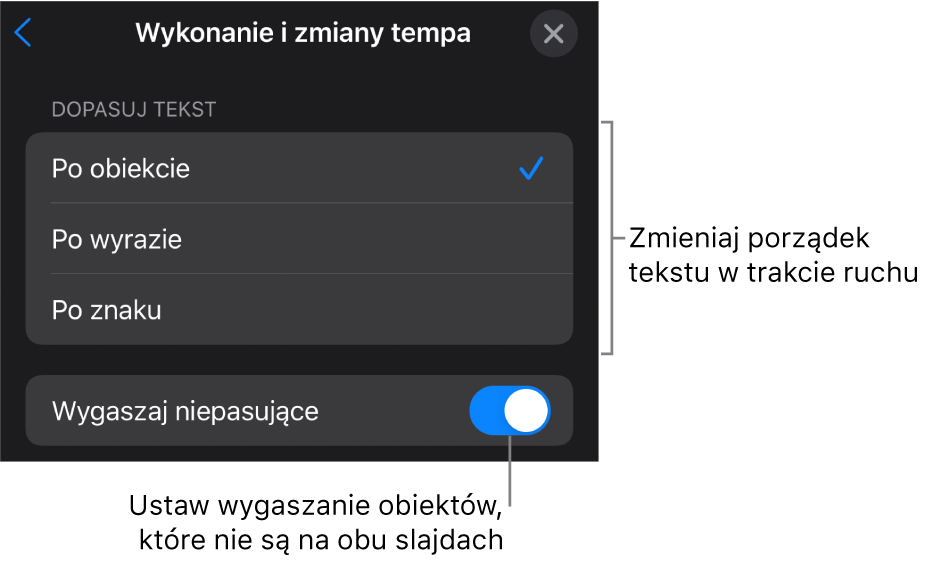 Opcje wykonania oraz zmiany tempa Magicznego przejścia w panelu Zmiany tempa.
