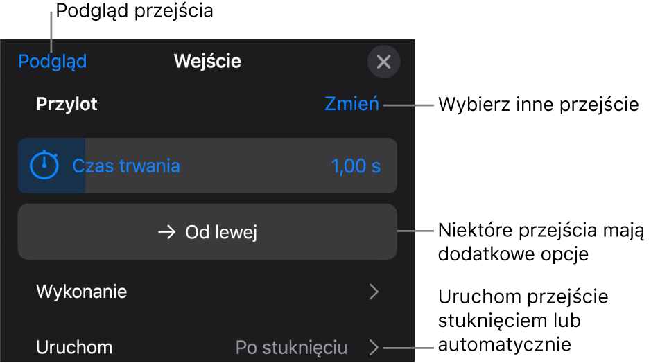 Narzędzia w panelu Opcje służące do modyfikowania przejścia.