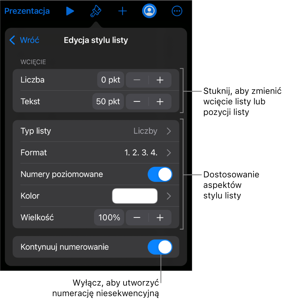 Menu Edycja stylu listy z narzędziami sterującymi wielkością wcięcia, typem i formatem listy, numerami warstw, kolorem i rozmiarem listy oraz numeracją ciągłą.