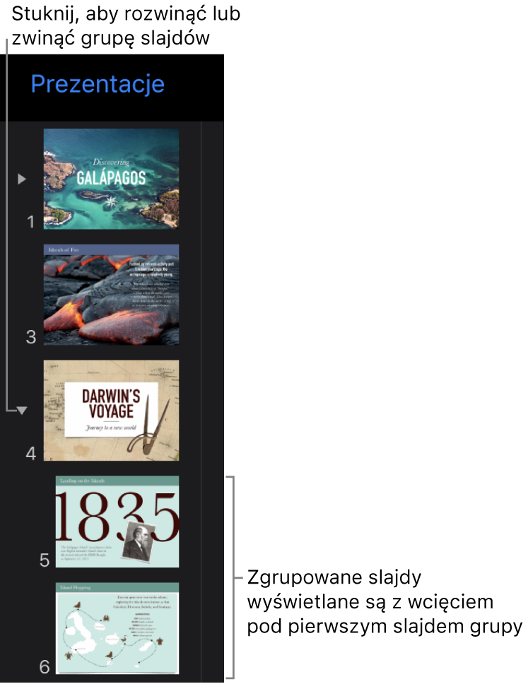 Nawigator slajdów wyświetlający slajdy z wcięciem.