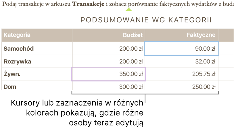 Różne kolory kursorów lub zaznaczeń wskazują miejsca aktualnie edytowane przez różne osoby.