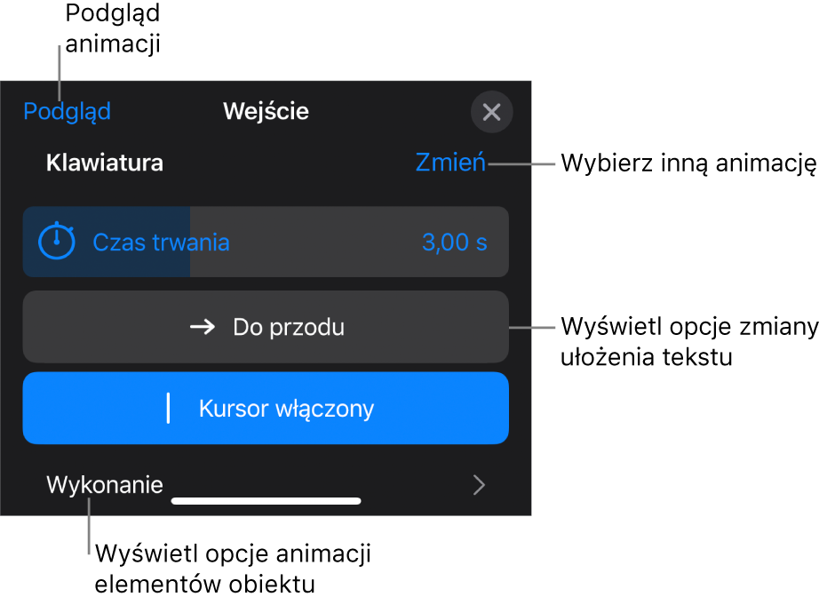 Widoczne są opcje animacji: Czas trwania, Animacja tekstu oraz Wykonanie. Stuknij w Zmień, aby wybrać inną animację. Stuknij w Podgląd, aby zobaczyć podgląd animacji.