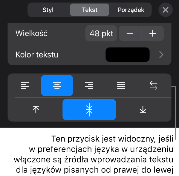 Narzędzia tekstu w menu Format z objaśnieniem wskazującym przycisk Od prawej do lewej.
