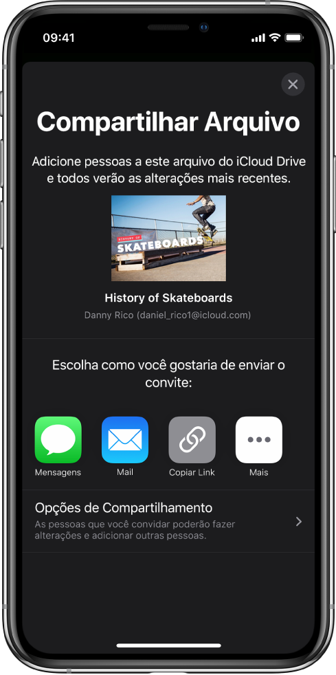 Tela Adicionar Pessoas mostrando uma imagem da apresentação que será compartilhada. Abaixo disso, botões das formas de envio do convite, incluindo Mensagens e Mail, Copiar Link e Mais. Na parte inferior, o botão Opções de Compartilhamento.