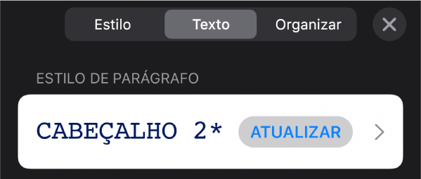Um estilo de parágrafo com um asterisco ao lado e um botão Atualizar à direita.