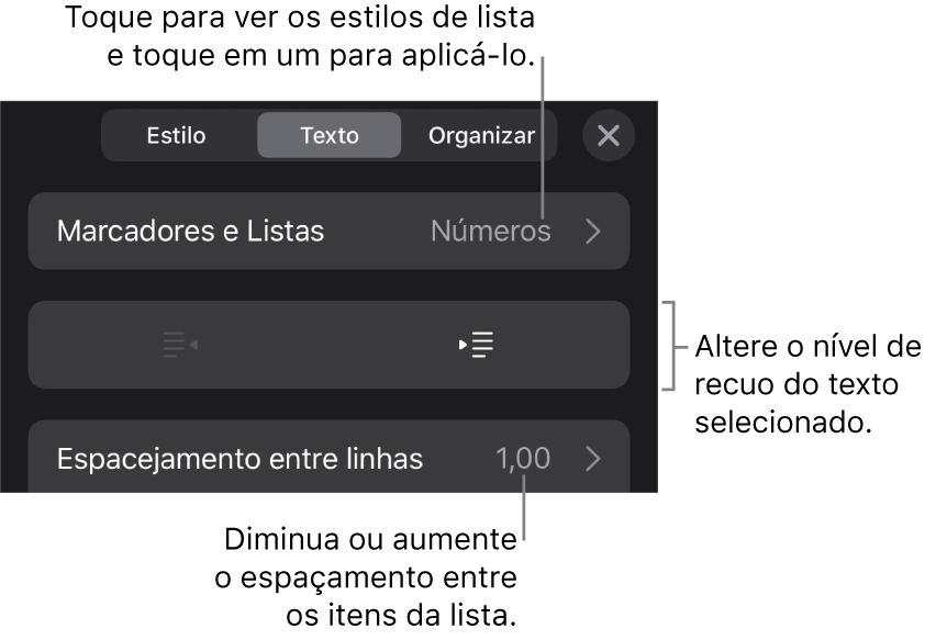 Seção “Marcadores e Listas” dos controles de Formatação, com chamadas para “Marcadores e Listas”, botões para aumentar ou diminuir o recuo e controles de entrelinha.