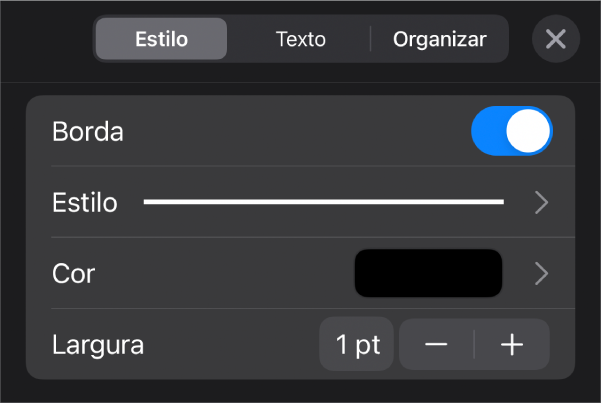Controles de personalização de estilo de Borda.